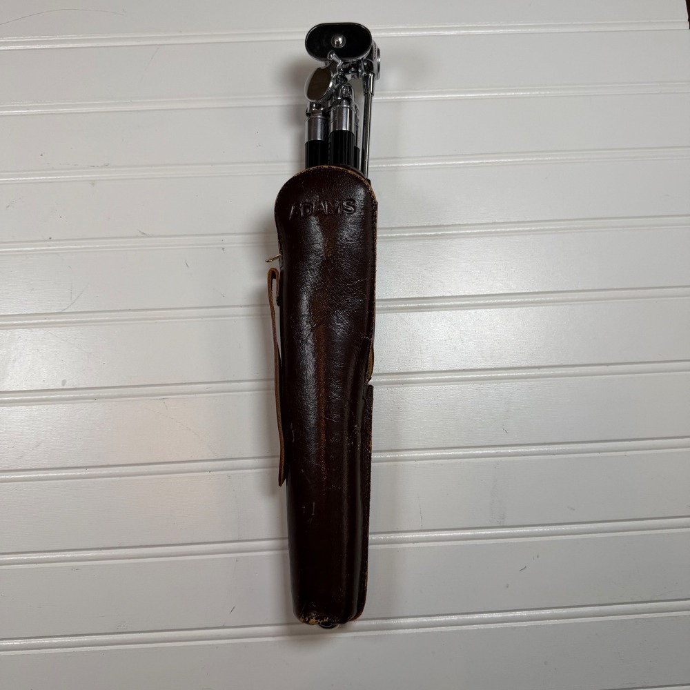 Vintage 1950s Adams Table Top Tripod with Original Leather Case Chrome Black